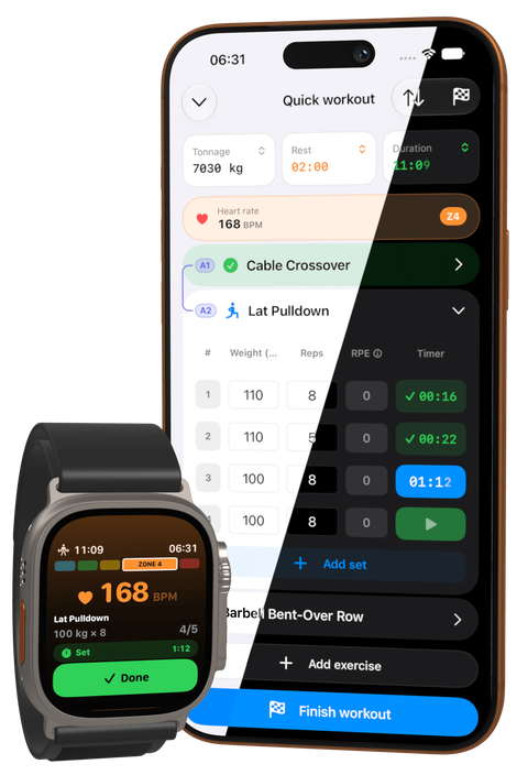 Repio workout on iPhone with heart rate and rest controls on Apple Watch