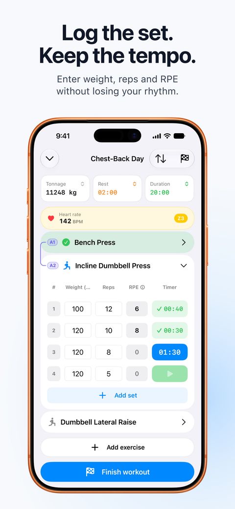 Workout logging screen in Repio showing sets, weight, reps, RPE, and rest timers
