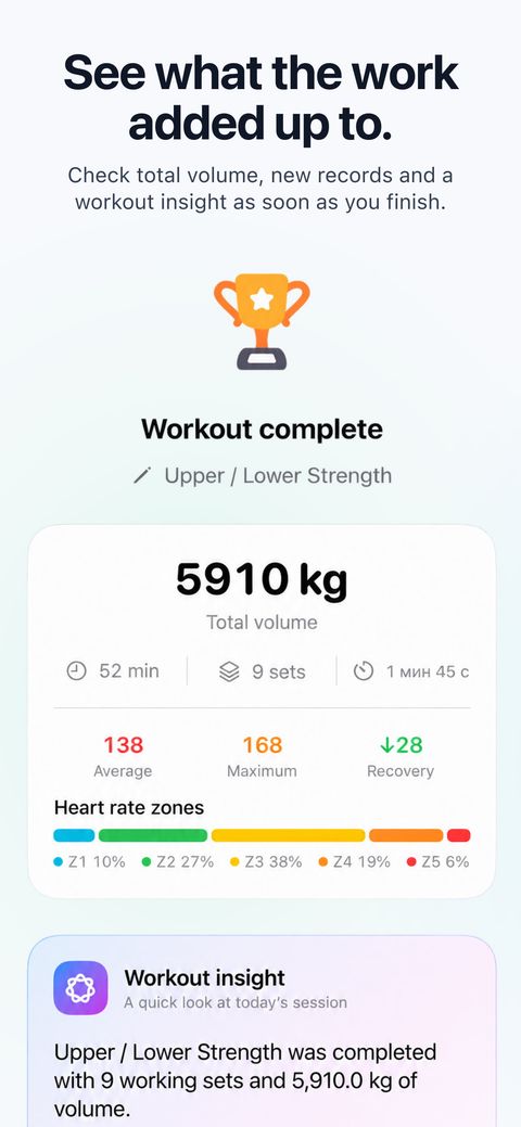 Workout summary screen showing total volume, duration, and heart rate statistics